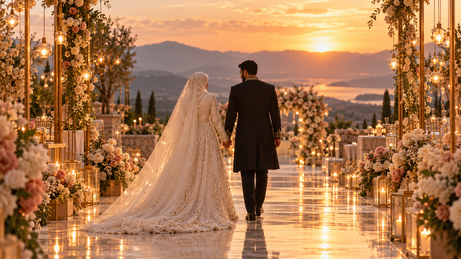 Newly married couple walking down a flower-lined reception aisle at sunset