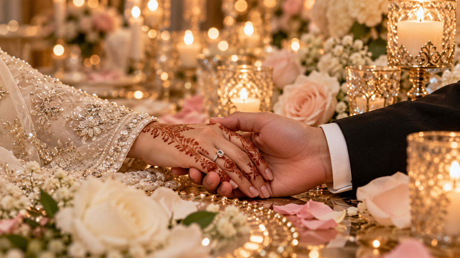 Newlywed hands together among reception flowers and candles