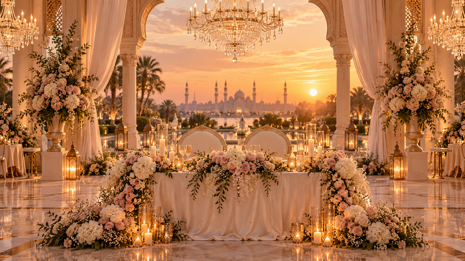Candlelit sweetheart table with floral reception decor at sunset