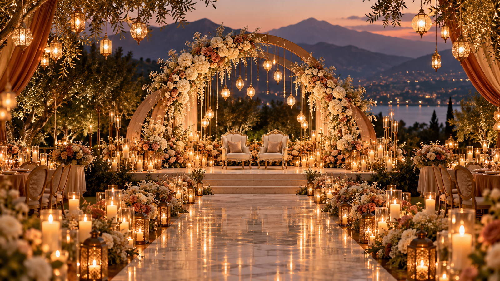 Candlelit floral wedding reception stage with mountains in the background